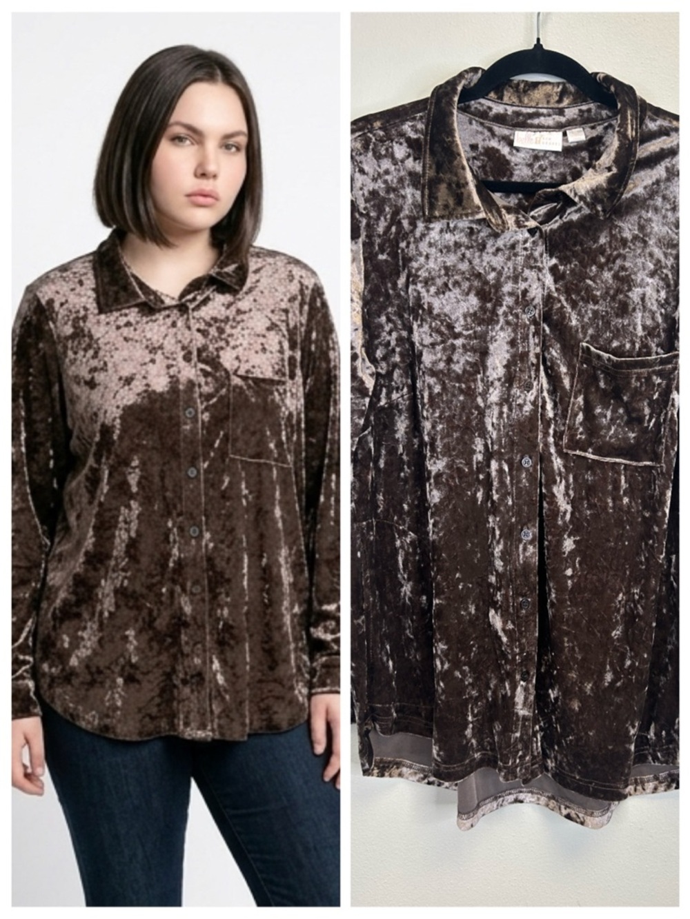 Crushed Velvet Button Up Shirt Size 1X Taupe Brown Boho Artsy Retro Whimsigoth